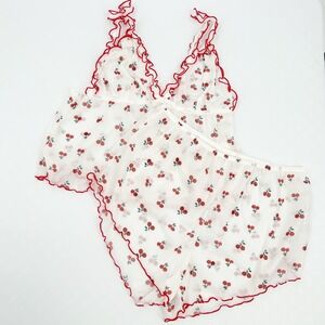Womens Coquette Cherry Print Mesh Lingerie Set Ruffle Trim Cami Top Shorts XL